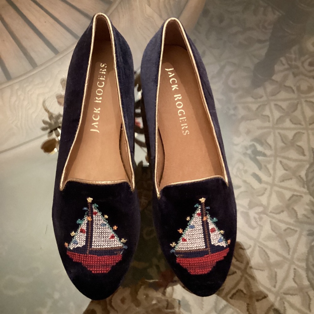 Jack Rogers. 6M. Blue velvet slip Ons with sailboat motif.